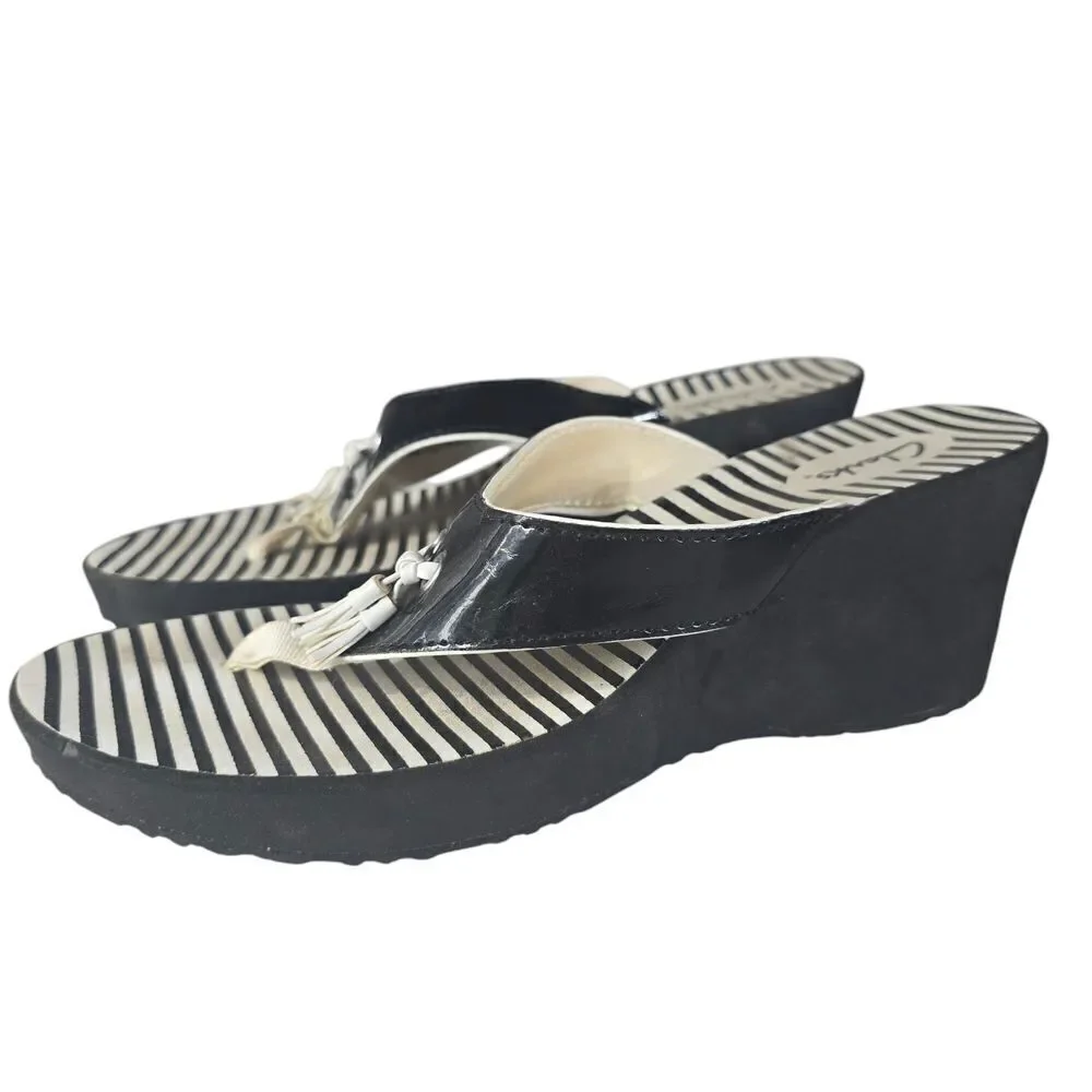 Clarks Black and White Wedge Sandals with Striped Footbed